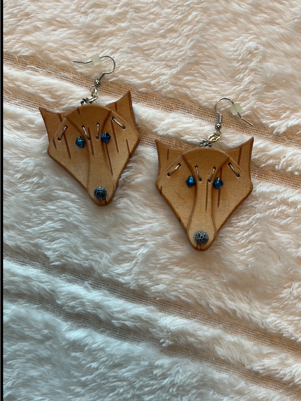 Handmade Fox Face Wood Earrings with Blue Accents